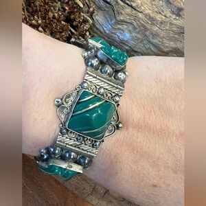 Taxco Mexico Green Onyx Jade Bracelet Panel Modernist Tribal Maya Aztec Sterling